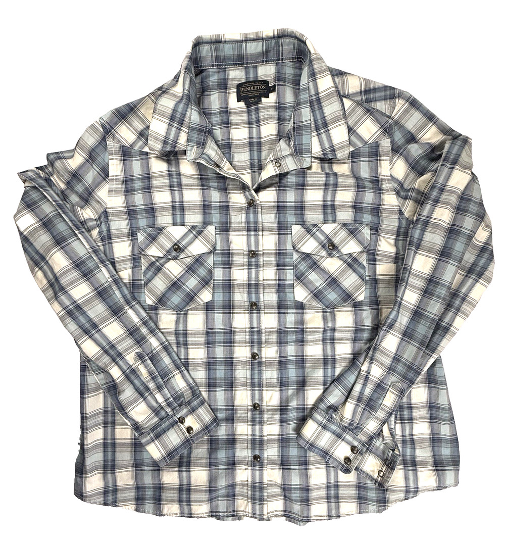 Pendleton Western Shirt XL blue gray plaid Pearl Snaps Rodeo Cowgirl Country